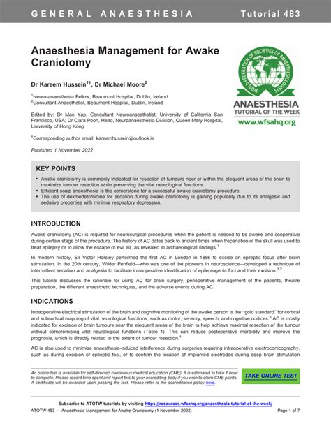 Pdf Anaesthesia Management For Awake Craniotomy