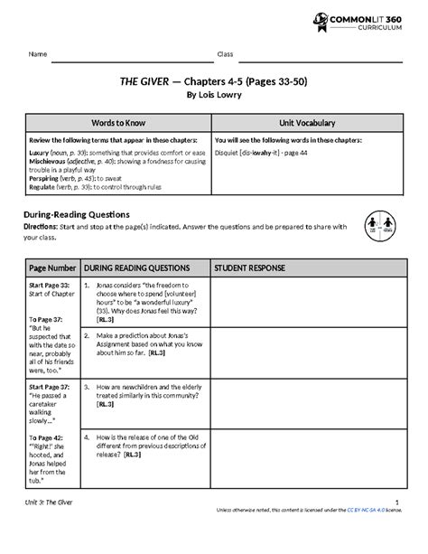 6G Unit 3 The Giver Chapter 4-5 During-Reading Questions Student - Name