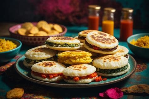 Premium AI Image | assortment of arepas with filling on plate