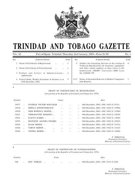 Trinidad And Tobago Gazette January 2003 Edition Highlights Recent Citizenship Grants Estate