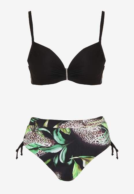 Czarne Bikini z Motywem Roślinnym Biustonosz i Majtki Figi ze