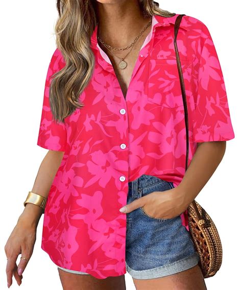 Tiyomi Women S Plus Size Floral Shirts Hot Pink Tops Short Sleeve X Button Down Hawaiian Shirts