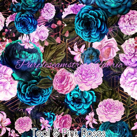 Teal And Pink Roses Purpleseamstress Fabric