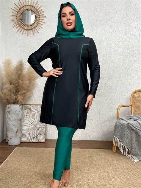 SHEIN Swim Mulvari Plus Contrast Piping Hooded Full Body Bikini Swimsuit SHEIN USA