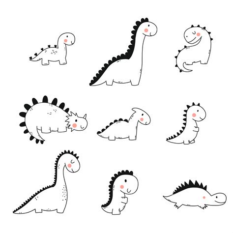 Cute Dinosaur In Doodle Style Funny Dino Collection Set Illustrations