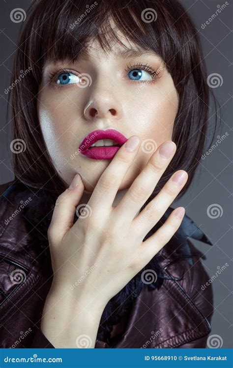 Brunette Touches Her Lips With Her Fingers Stock Photo Image Of Fingers Bright