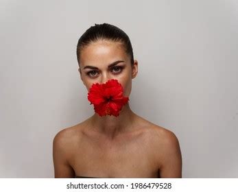 Woman Naked Shoulders Red Flower Face Stock Photo Shutterstock