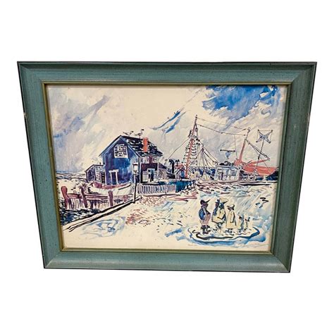 Vintage New England Nautical Harbor Scene Watercolor Painting Framed