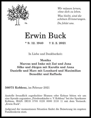 Traueranzeigen Von Erwin Buck Rz Trauer De