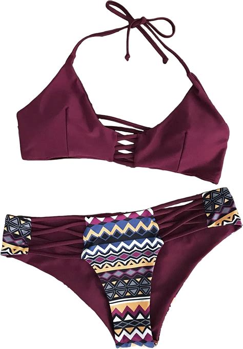 Amazon Cupshe Women S Pure Color Lace Up Halter Padding Bikini Set Beach Bathing Suit
