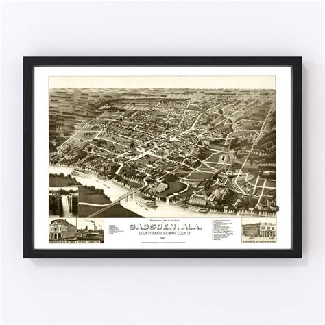 Gadsden Map 1887 Old Map of Gadsden Alabama Art Vintage Print Framed ...