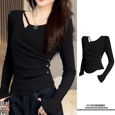 Áo Thun Dài Tay Nữ Thu Đông Bên Trong Trận Đấu Hot Girl Slim Fit Thiết Kế Không Đều Cảm Thấy