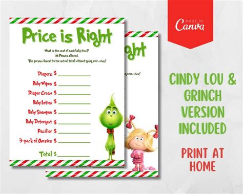 printable grinch christmas party game with price is right on the front ...