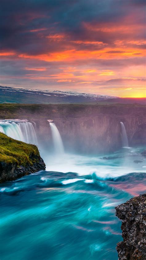 Summer Sunset At The Godafoss Waterfall On Skjálfandafljót River