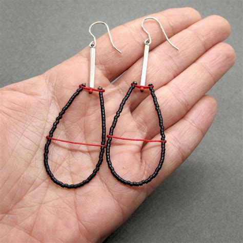 Black Beaded Earrings With Red Cord And Sterling Silver Bar Modern Art