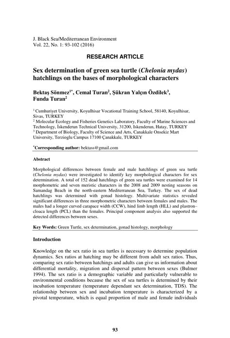 Pdf Sex Determination Of Green Sea Turtle Chelonia Mydas Hatchlings On The Bases Of
