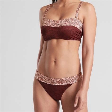 Athleta Swim Athleta Aqualuxe Batik Maroon Cream Paisley Print Bandeau Bikini Swimsuit