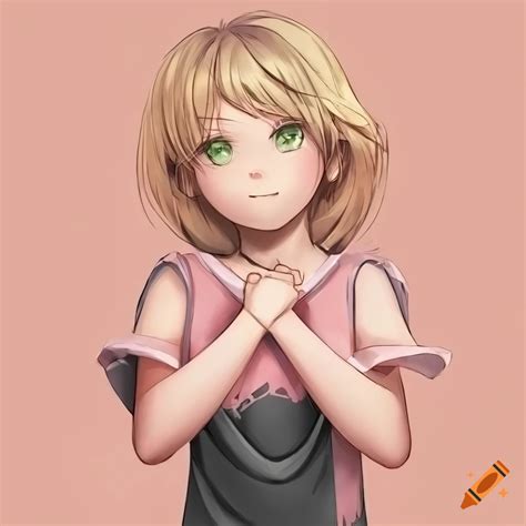 Anime Girl With Blonde Hair And Green Eyes Wearing A Light Pink Sleeveless T Shirt And Short