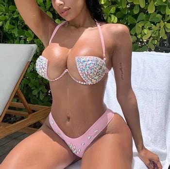 Pink Color Big Crystal Shinning Bikini Beach Sparkle Bling Pcs Outfits Swimwear Women Buy