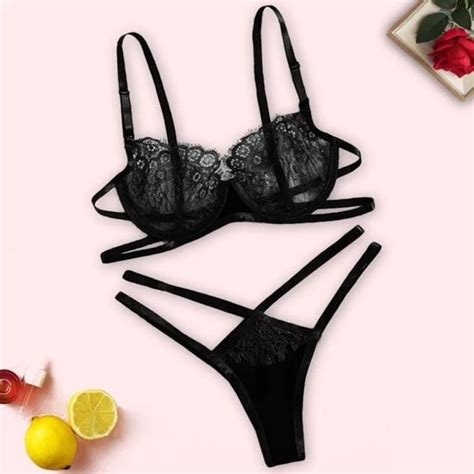 Sexy Lingerie Set Van Beha En Slipje In Zwarte Kant En Streepjes Maat L Bol