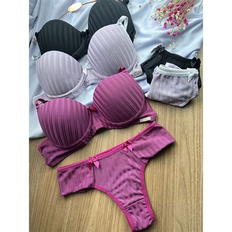 Kit C Conjunto Lingerie Canelado Calcinha E Suti Fio Sensual Luxo Cores Variadas Shopee Brasil
