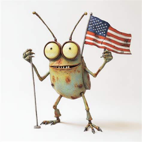 A Funny Cartoon Grasshopper With An American Flag In Its Mouth