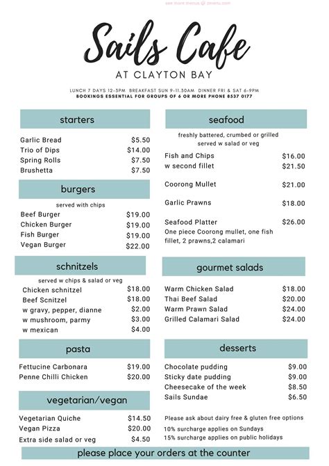 Menu At Sails Cafe At Clayton Bay Clayton Bay