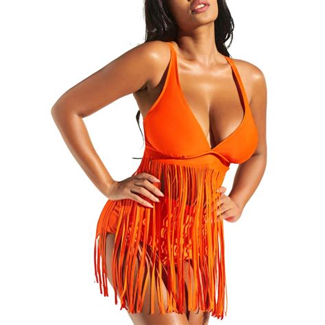 Women Fringe Swimsuits High Waist Two Pieces Sexy Tassel Strappy Top Tummy Control Bikini Sets