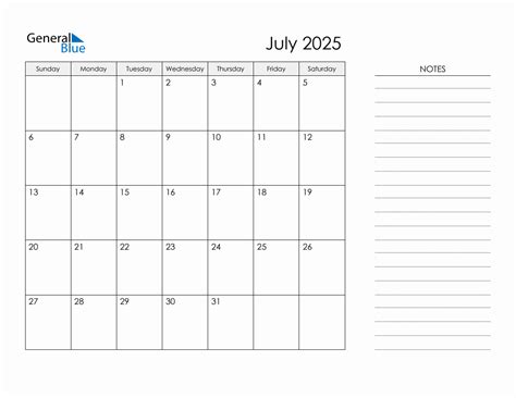 Printable Monthly Calendar With Notes July 2025