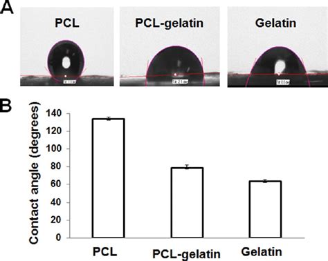 Measurement Of Contact Angle Of Pcl Nanofibers Pclgelatin Nanofibers