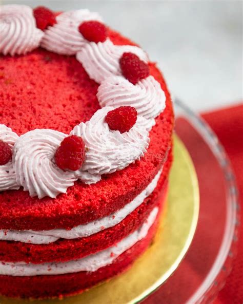 Delicious Red Velvet Naked Cake With Cream Cheese Frosting And Raspberries Stock Image Image