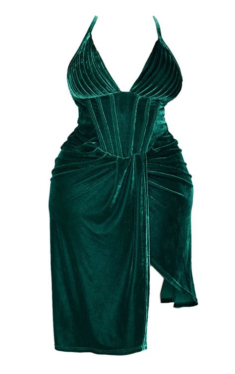 Robe moulante en velours vert émeraude décolletée à détail corset