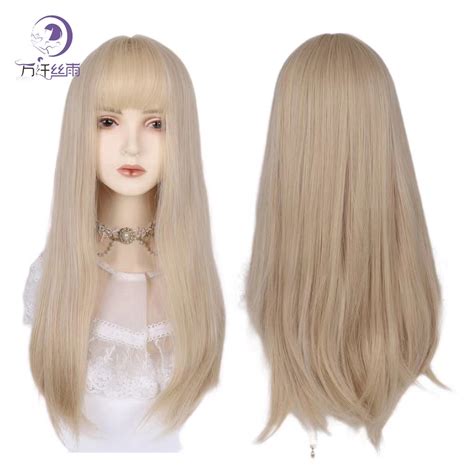 Jual Baru Lolita Emas Panjang Lurus Rambut Wig Set Fashion Qi Liuhai