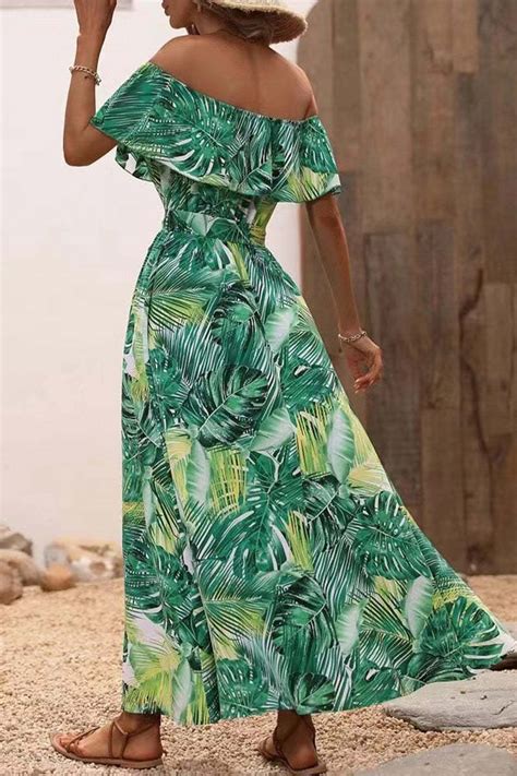 Us 30 49 Sexy Vacation Floral Frenulum Slit Off The Shoulder Printed Dress Dresses