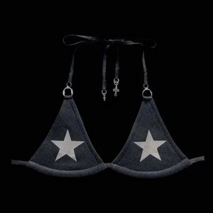 S𝔱𝔞𝔯 Black Bikini Top With Silver Metallic Reflective Stars Handmade Y k Grunge s Rave s