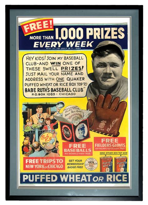 Hake S BABE RUTH BASEBALL CLUB QUAKER CEREAL PROMOTION FRAMED SIGN