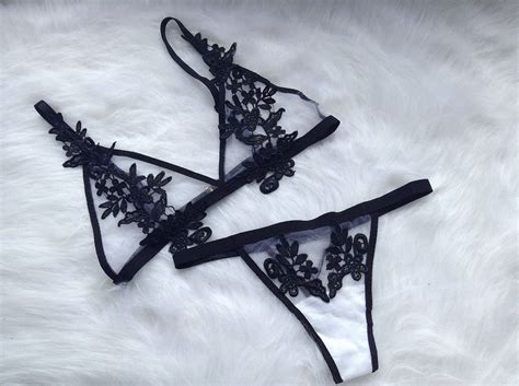 Lily Black Floral Lace Applique Lingerie Set Sheer Lingerie Set Etsy
