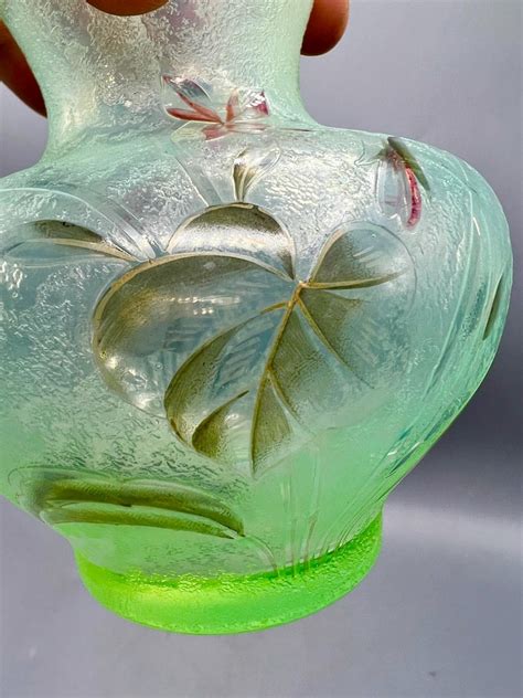 Daum FrÈres Nancy Green Glass Vase Violettes Floral Motif Japanese Influence Japonais 1900 Rare