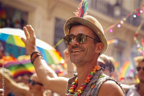 Amidst The Sea Of Rainbow Flags The Portrait Of The Gay Man Stood Out His Smiling Visage