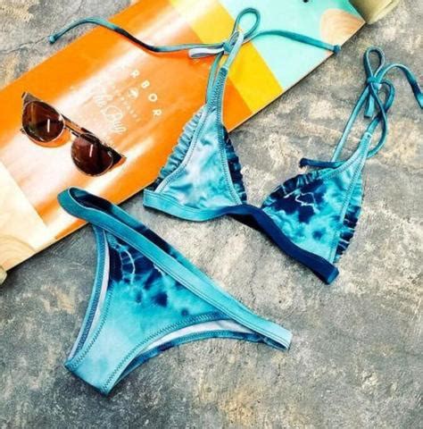 Fashion Women Blue Tie Dye Pleated Edge Two Piece Bikini On Luulla