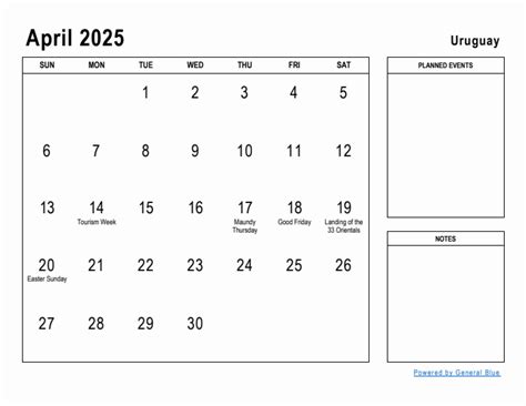 April 2025 Planner with Uruguay Holidays