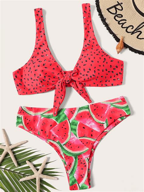 Дамски бански Knot Front Top With Random Watermelon Print Bikini Set EMMA