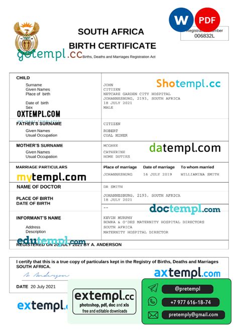 Example South Africa Vital Record Birth Certificate Word And Pdf Template Completely Editable