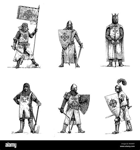 Medieval Crusaders Illustration Set Of 6 Knights Historical Digital