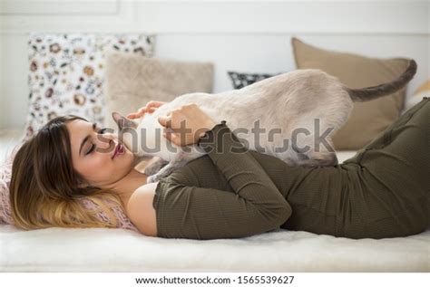 Gorgeous Brunette Woman Playing Her Cat Stock Photo Shutterstock