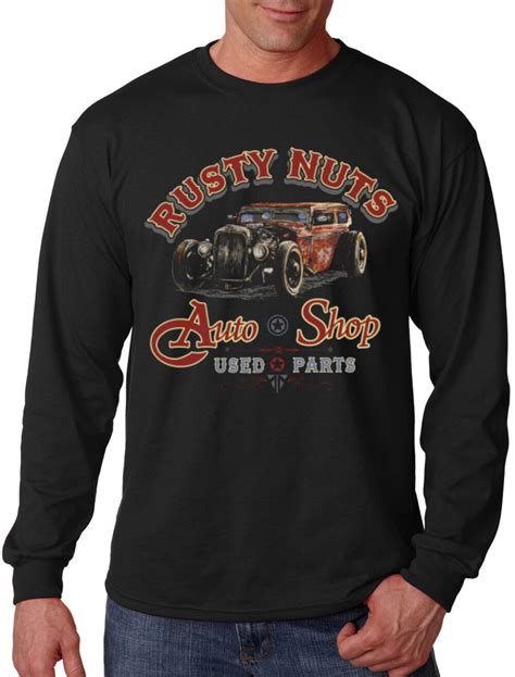 Men S Rusty Nuts Auto Shop Long Sleeve Black T Shirt Classic Truck Cars