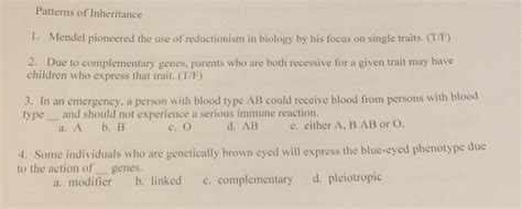 Solved Patterns Of Inheritance 1 Mendel Pioneered The Use Chegg