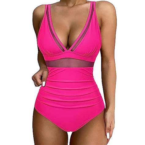 YanHoo One Piece Swimsuits For Women Tummy Control Bikini Swimwear V Neck Mesh Bathing Suit High
