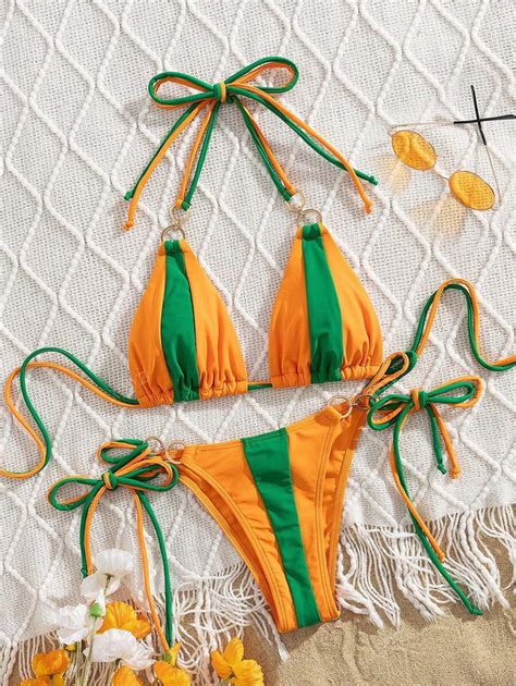 Bikini Blocs De Couleurs Avec D Coration De N Ud De Corde Et Anneau M Tallique Convient