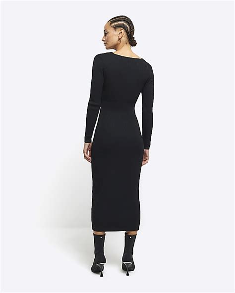 Black Rib Knot Bodycon Midi Dress River Island